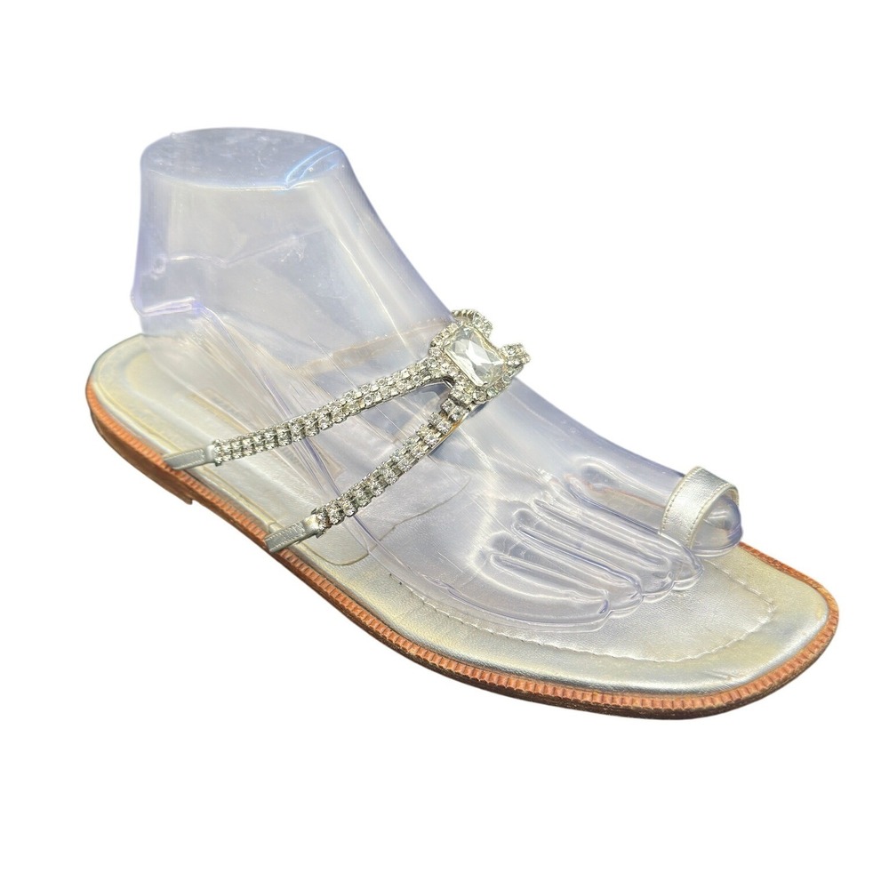 Manolo Blahnik Silver Metallic Rhinestone Flat Strappy Sandals Womens 40 US 10